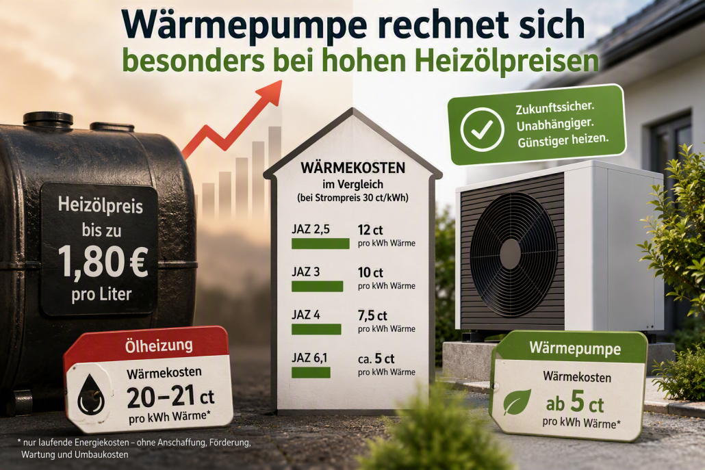 Grafik zum Kostenvergleich von Ölheizung und Wärmepumpe: Bei einem Heizölpreis von bis zu 1,80 Euro pro Liter liegen die Wärmekosten einer Ölheizung bei etwa 20 bis 21 Cent pro Kilowattstunde Wärme. Eine Wärmepumpe erreicht je nach Effizienz Wärmekosten von etwa 5 bis 12 Cent pro Kilowattstunde. Grafik zum Kostenvergleich von Ölheizung und Wärmepumpe: Bei einem Heizölpreis von bis zu 1,80 Euro pro Liter liegen die Wärmekosten einer Ölheizung bei etwa 20 bis 21 Cent pro Kilowattstunde Wärme. Eine Wärmepumpe erreicht je nach Effizienz Wärmekosten von etwa 5 bis 12 Cent pro Kilowattstunde.