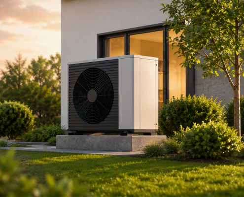 Luft-Wasser-Wärmepumpe vor einem Einfamilienhaus mit Photovoltaikanlage auf dem Dach. Die Außeneinheit der Wärmepumpe steht im Garten neben dem Gebäude und verdeutlicht die Kombination aus erneuerbarer Stromerzeugung und klimafreundlicher Heiztechnik.