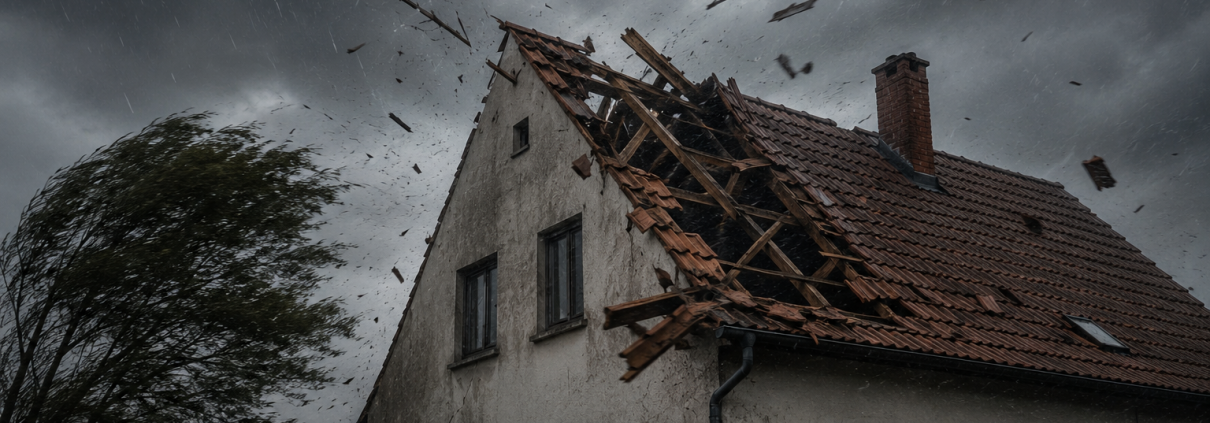 Ein schwerer Sturm zieht über ein altes Landhaus hinweg. Heftiger Wind und peitschender Regen reißen Dachziegel und Holzteile aus dem beschädigten Dach, während sich dunkle Gewitterwolken über der Landschaft auftürmen.