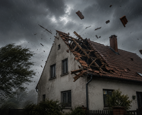 Ein schwerer Sturm zieht über ein altes Landhaus hinweg. Heftiger Wind und peitschender Regen reißen Dachziegel und Holzteile aus dem beschädigten Dach, während sich dunkle Gewitterwolken über der Landschaft auftürmen.