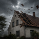 Ein schwerer Sturm zieht über ein altes Landhaus hinweg. Heftiger Wind und peitschender Regen reißen Dachziegel und Holzteile aus dem beschädigten Dach, während sich dunkle Gewitterwolken über der Landschaft auftürmen.